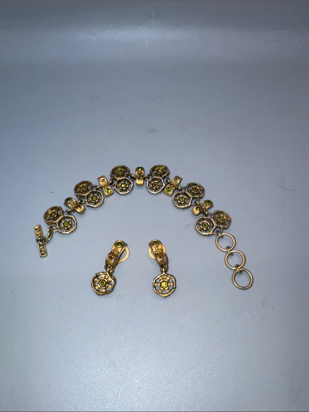 Gold-Tone Floral Link Bracelet with Green Accent and Matching Earrings